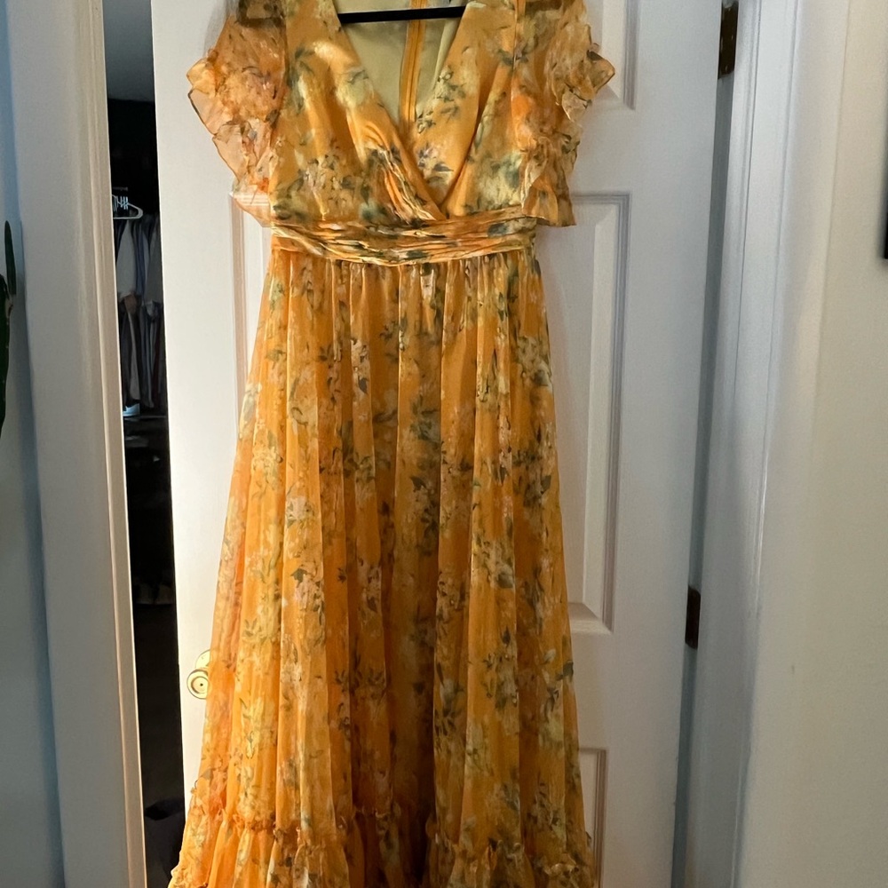 Mac Duggal Yellow Orange Ruffled Tie Front Maxi Dress